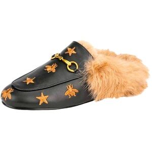 Leather Buckle Mule Flats Furry Padded Backless Loafers Casual Slides Shoes